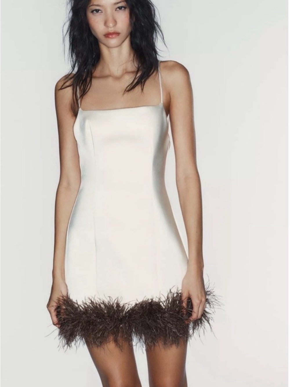 Zara Cream Mini Slip Dress with Brown Feather Trim